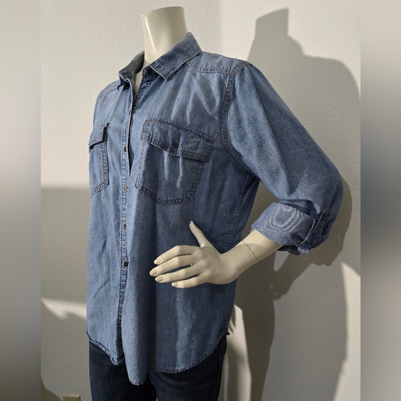 Blue Chambray Button Front Long Sleeve Button Up Shirt - Picture 2 of 9